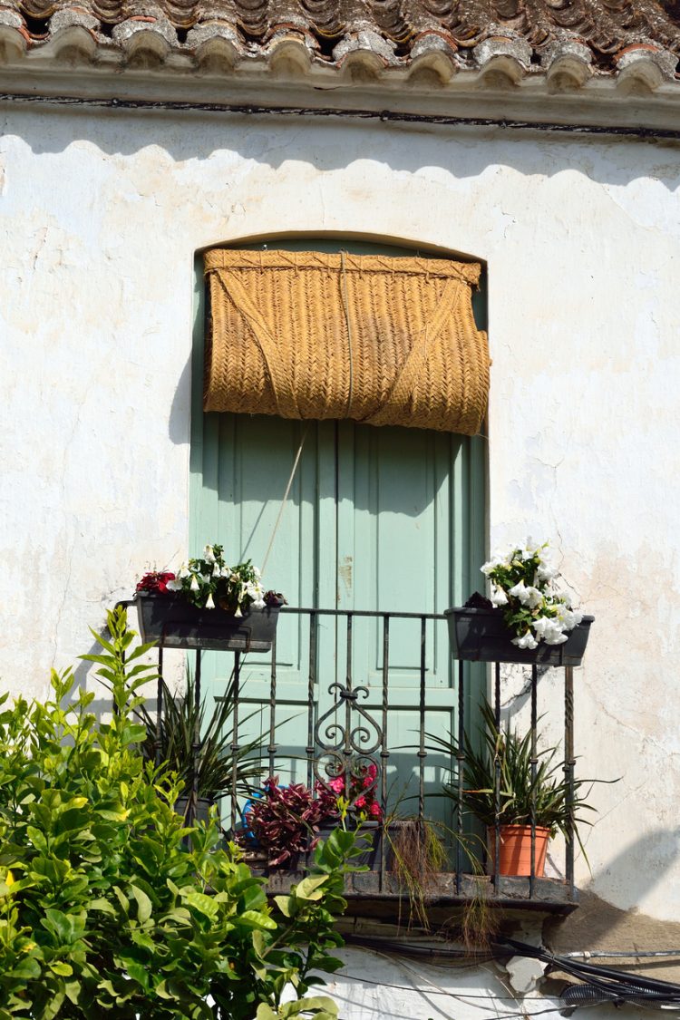 Old window blind and flowers in Estepona, Costa del Sol, Malaga, Andalusia, Spain